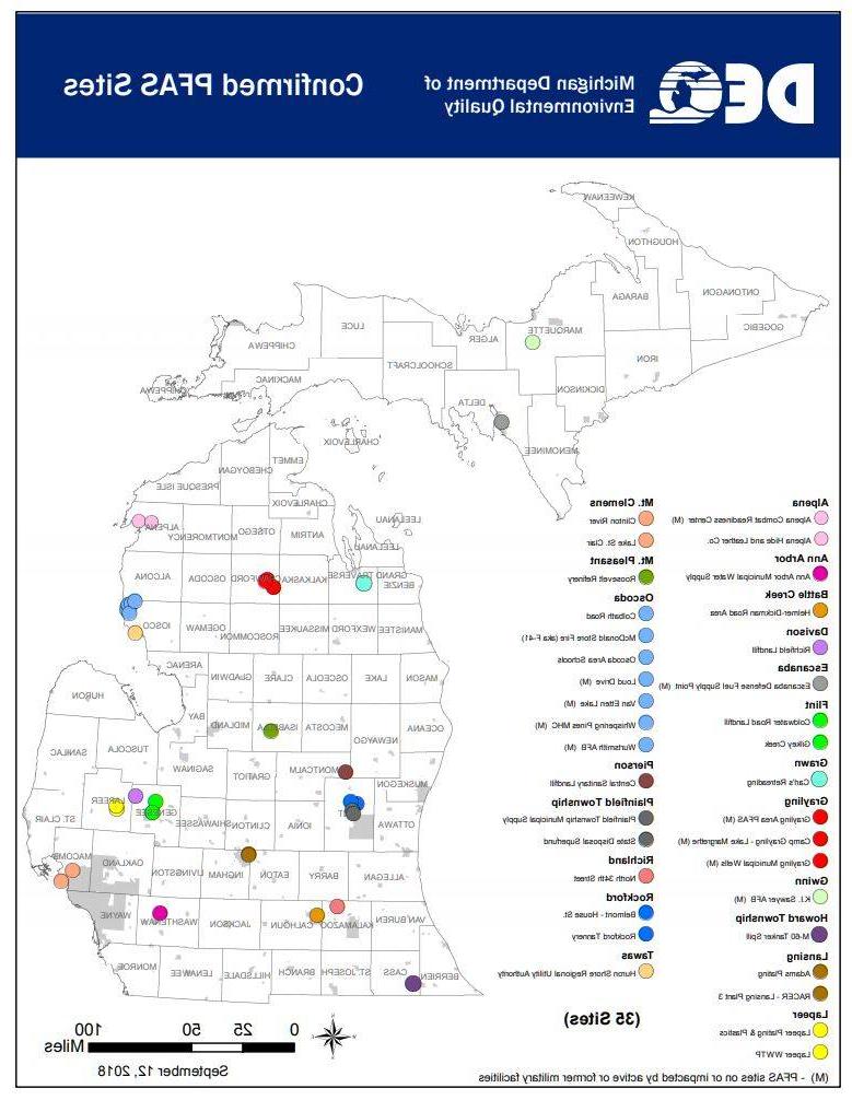 Map of MDEQ confirmed PFAS sites throughout the State of Michigan. (Source:http://www.michigan.gov/documents/deq/deq-map-confirmedPFASsites_611932_7.pdf)